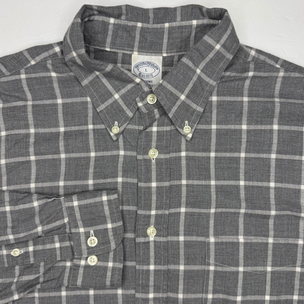 Brooks Brothers Regent Flannel Mens L Grey Windowpane Plaid Button Down Shirt